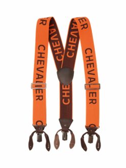 Ein Paar Chevalier Hosenträger in Orange und Braun mit Lederhaltern und grauem Logo auf weißem Hintergrund.