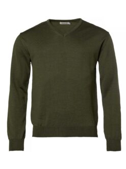 Der Chevalier Merino Pullover Aston in der Farbe Grün besteht aus feiner Merinowolle und hat einen edlen V-Ausschnitt. Bild auf weißem Hintergrund.