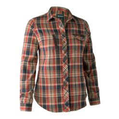 Deerhunter Damen Jagdbluse Athena mit Karomuster in orange check, zwei Brusttaschen mit Wildlederdetails und Logo-Druckknöpfen. Bild auf weißem Hintergrund.