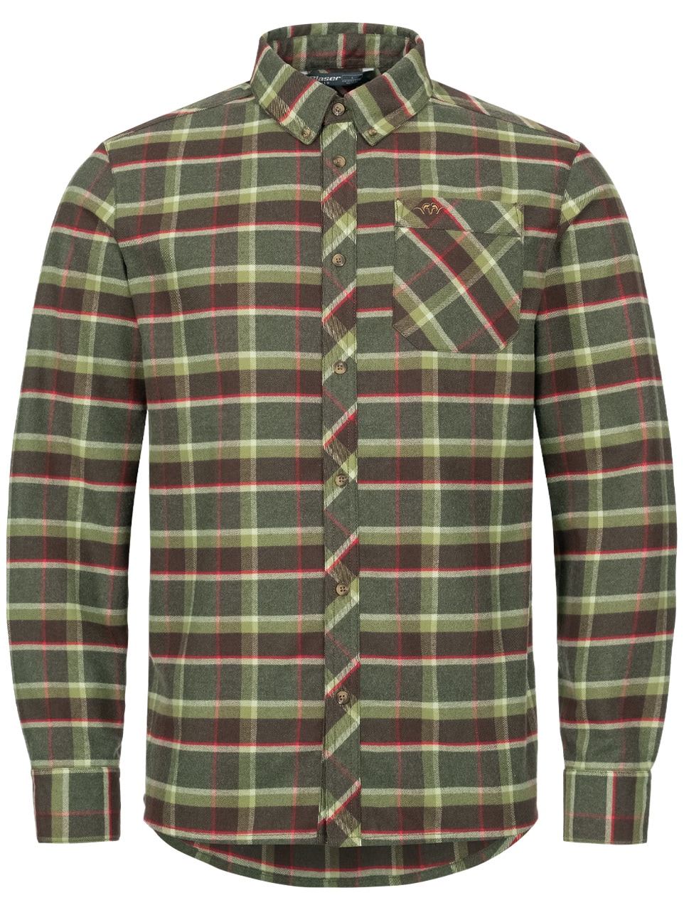 Das Blaser Herrenhemd Charles aus weichem Flanell mit Karomuster in rot/grün, langen Ärmeln, Brusttasche mit Logo und Button-Down-Kragen. Bild auf weißem Hintergrund.
