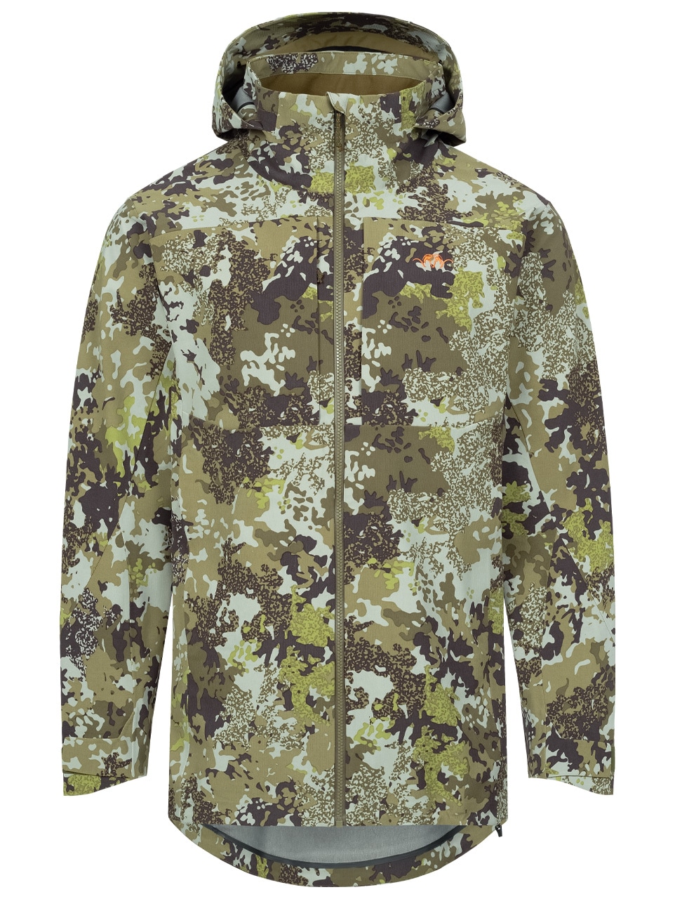 Die Blaser Herren Jacke Huntec Resist 3L in Camo-Tarrnmuster verfügt über ein 3 lagiges Gewebe und 2 Einschubtaschen sowie 2 Brusttaschen. Die Kapuze ist verstellbar. Bild auf weißem Hintergrund.