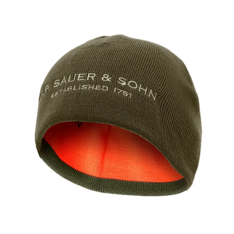 Eine Sauer Mütze zum wenden in den Farben Orange und Olive auf weißem Hintergrund.