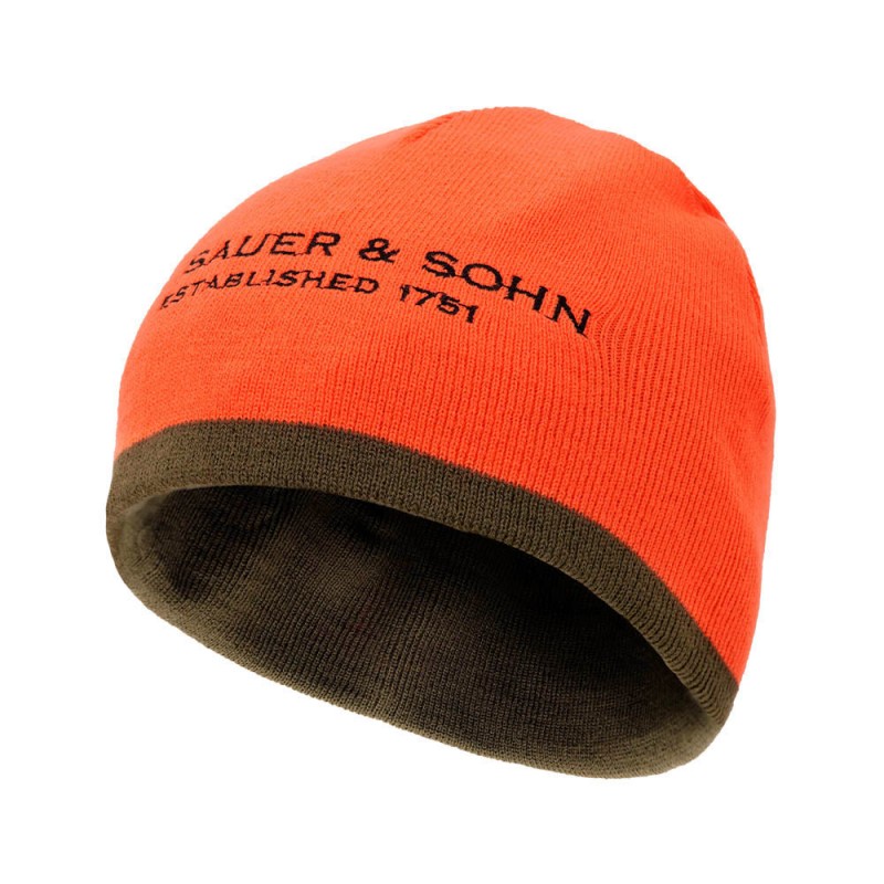 Eine Sauer Mütze zum wenden in den Farben Orange und Olive aus Strick mit Sauer Logo. Bild auf weißem Hintergrund.