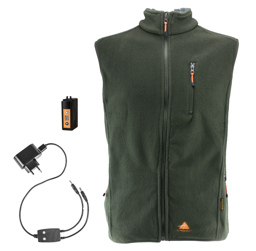 Die Alpenheat Heizweste Fire Fleece in der Farbe Grün besitzt 4 Heizstufen, eine Ladestandanzeige, einen Li-Ion Akku. Die Weste besteht aus Fleece und ist waschbar. Bild ist auf weißem Hintergrund.