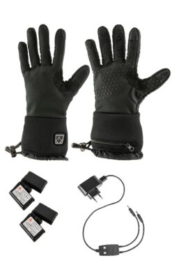 Die schwarzen beheizbaren Handschuhe von Alpenheat verfügen über 3 Heizstufen und haben eine Heizdauer von 2-5,5 Stunden. Heizdrähte rund um die Finger.