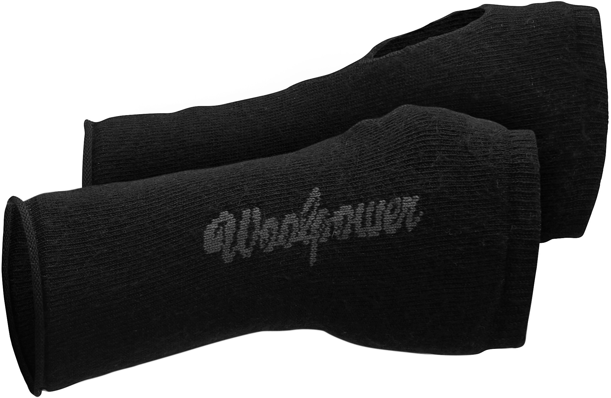 Ein Woolpower Handwärmer Gaiter für das Handgelenk in der Farbe Schwarz auf weißem Hintergrund.