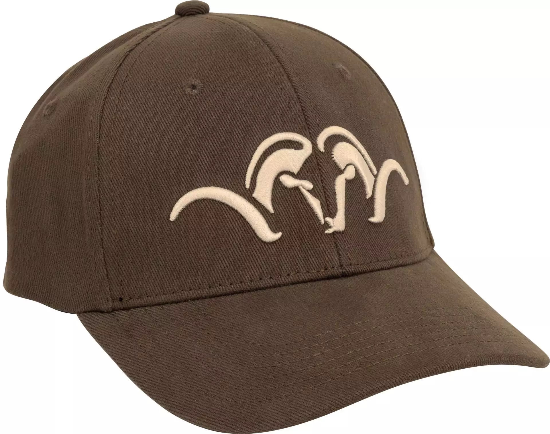 Eine Blaser Flexfit Cap in der Farbe Braun mit großem weißen Blaser Logo auf der Front. Bild auf weißem Hintergrund.
