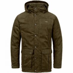 Die Blaser Herren Winterjacke Marlo Suede in der Farbe Braun ist warm wattiert mit optisch sichtbaren Steppmuster an Schultern, Kapuze und Ellenbogen. Sie verfügt über 2 Pattentaschen, 1 Innentasche und 2 Schubtaschen. Bild auf weißem Hintergrund.