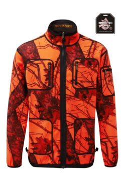 Die Shooterking Herren Softshelljacke Mossy ist wendbar mit einer Seite in Blase Orange mit Tarnmuster und anderer Seite in Braun. Sie verfügt über 2 Einschubtaschen, 2 Brusttaschen und 1 Armtasche mit Reißverschlüssen. Bild auf weißem Hintergrund.