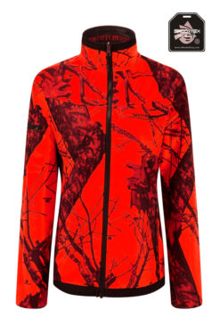 Die wendbare Shooterking Damen Softshelljacke Mossy in den Farben Mossy Oak Orange und Braun ist durch die SHOOTEX Membran wasserdicht und winddicht. 2 Einschubatschen, 1 Ärmeltasche. Hoher Kragen. Bild auf weißem Hintergrund.