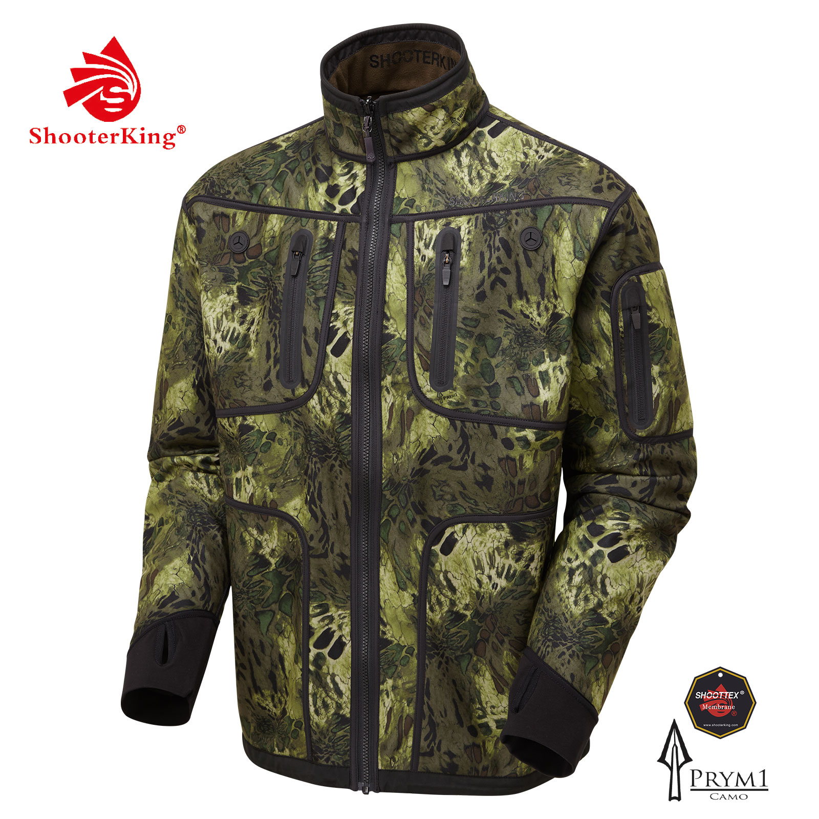 shooterking-herren-softshelljacke-wodlands Die Shooterking Herren Softshelljacke Woodlands ist wendbar mit einer Seite in Grün und der anderen Seite in Camouflage. Sie verfügt über 2 Seitentaschen, 2 Brusttaschen und 1 Armtasche mit Reißverschlüssen. Bild auf weißem Hintergrund.