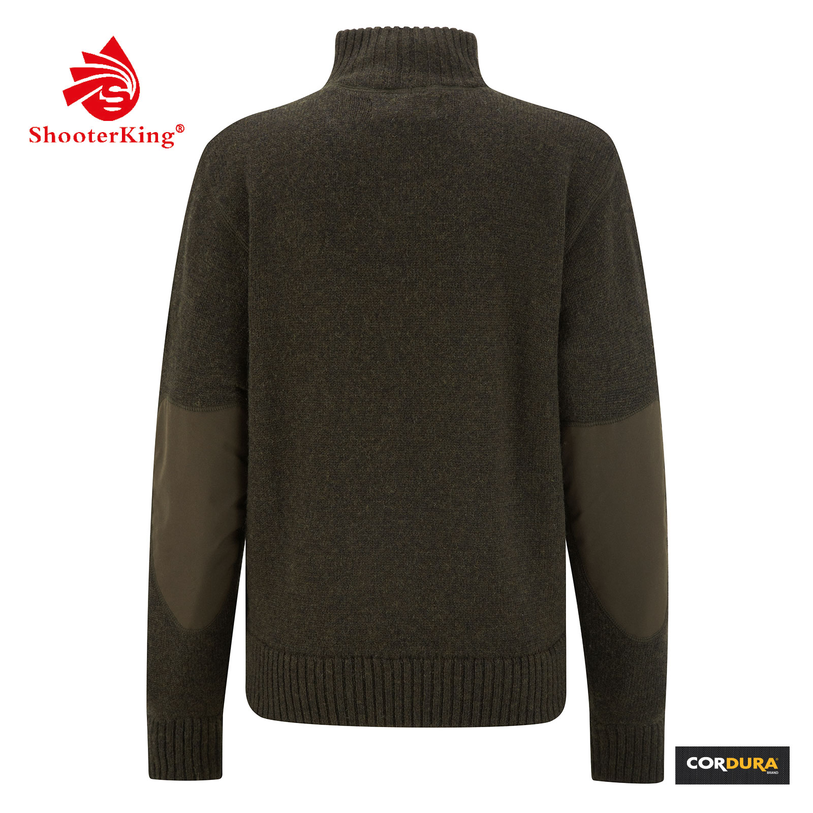 Der Shooterking Damen Pullover Troyer in der Farbe Braun besteht aus Wolle und ist an den Ellenbogen verstärkt. Bild ist auf weißem Hintergrund.