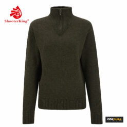 Der Shooterking Damen Pullover Troyer in der Farbe Braun besteht aus Wolle und ist an den Ellenbogen verstärkt. Bild ist auf weißem Hintergrund.