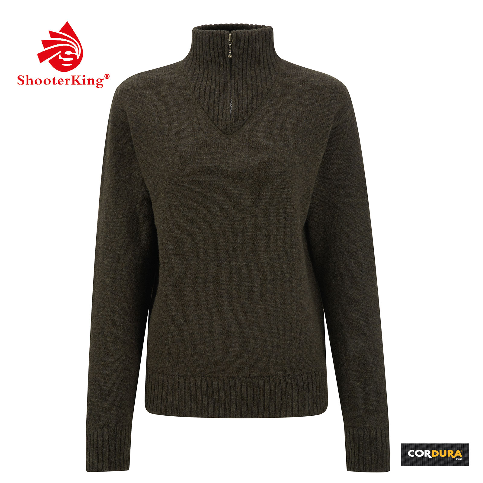 Der Shooterking Damen Pullover Troyer in der Farbe Braun besteht aus Wolle und ist an den Ellenbogen verstärkt. Bild ist auf weißem Hintergrund.