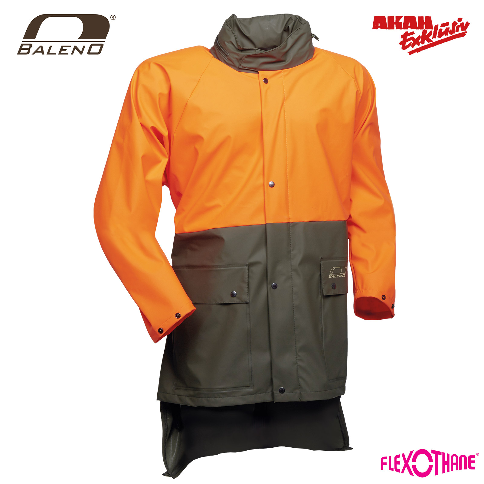 Die Sicherheitsjacke Baleno in khaki und orange ist mit PU Beschichtung wasserdicht. Atmungsaktiv, verstellbare Ärmel, Regenrinne am verlängerten Rücken. Das Bild ist auf weißem Hintergrund.