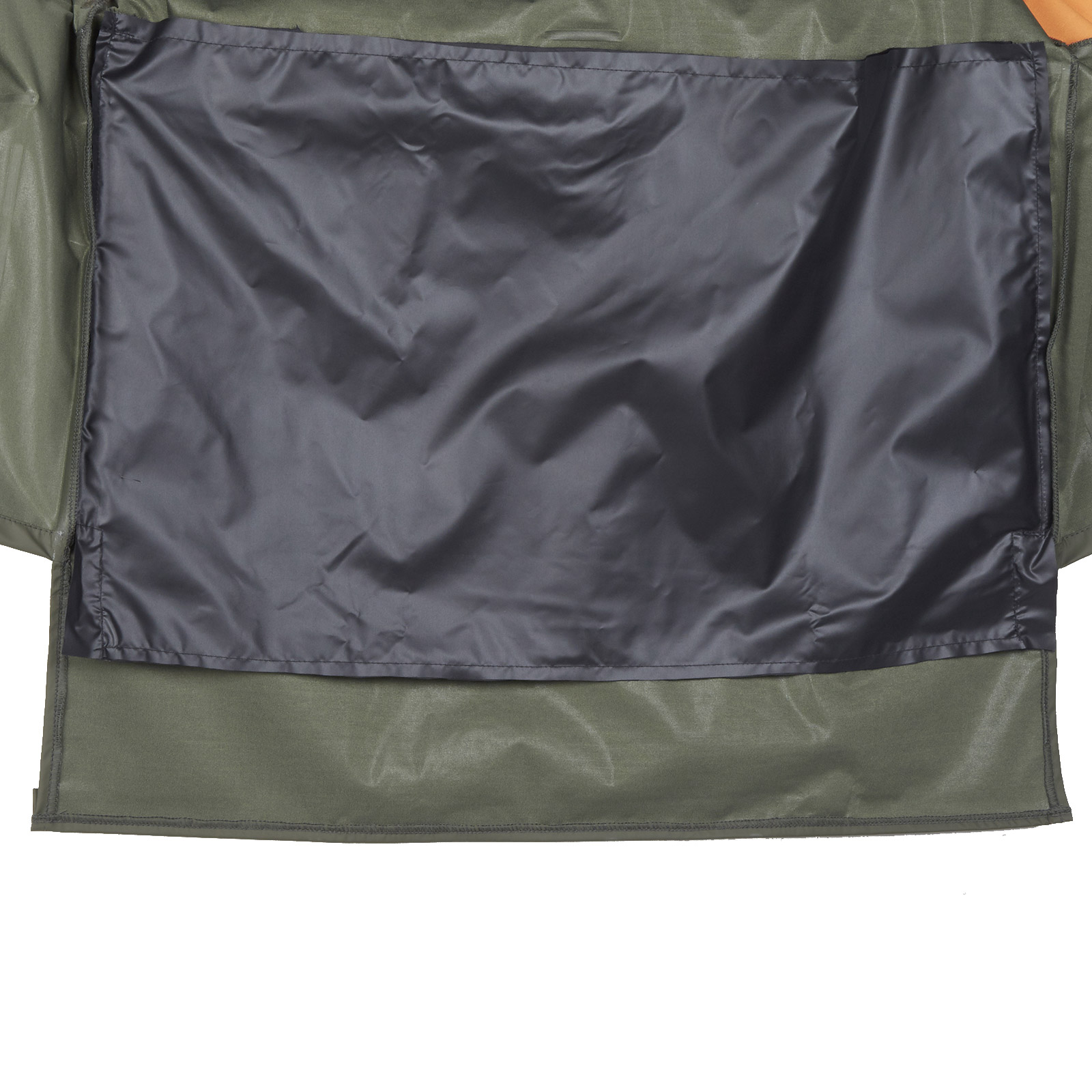 Die Sicherheitsjacke Baleno in khaki und orange ist durch die PU Beschichtung komplett wasserdicht ist. Das Bild ist auf weißem Hintergrund.