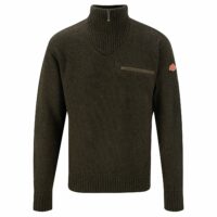 shooterking-herren-pullover-troyer Der Shooterking Herren Troyer in der Farbe Grün verfügt über eine Brusttasche, einen hohen Kragen mit Reißverschluss sowie aus Canvas verstärkte Ellenbogen. Bild auf weißem Hintergrund.