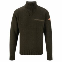 Der Shooterking Herren Troyer in der Farbe Grün verfügt über eine Brusttasche, einen hohen Kragen mit Reißverschluss sowie aus Canvas verstärkte Ellenbogen. Bild auf weißem Hintergrund.