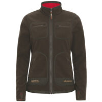 härkila-damen-fleecejacke-kamko Die Härkila Damen Fleecejacke Kamko ist eine Wendejacke und auf 1 Seite braun, auf der 2. Seite Rot. 2 Schiebetaschen und 2 Brusttaschen, 2-wege-reißverschluss, hoher Kragen. Härkila Logo links am Bund. Bild auf weißem Hintergrund.