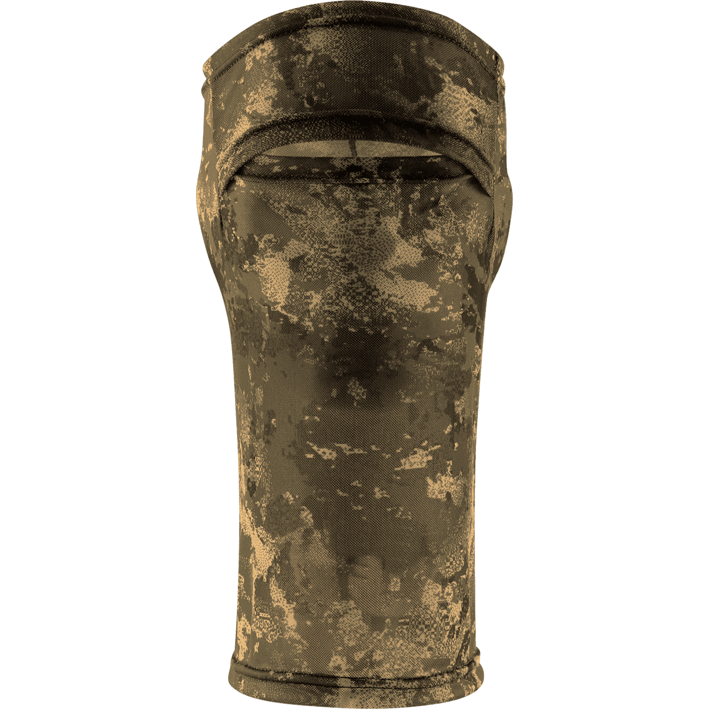 Eine Härkila Gesichtsmaske Deer Stalker Camo im grünen Tarnungs-Camo-Druck auf weißem Hintergrund.