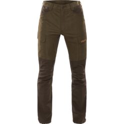 Die Härkila Herren Jagdhose Scandinavian in Grün/Braun mit vielen Taschen, verstärkten Knien und Unterschenkeln, Belüftungsreißverschlüssen. Bild auf weißem Hintergrund.