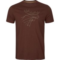 haerkila-herren-t-shirt-graphic.. Härkila Graphic T-Shirt in den Farben Grün und Burgunderrot mit Jagd-Logo auf der Brust und Rundhalsausschnitt. Bild auf weißem Hintergrund.