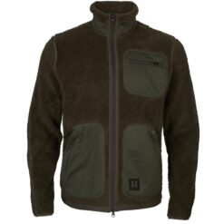 Die Härkila Teddy Fleecejacke Rurik in Oliv mit 1 Brusttasche, 2 Fronttaschen mit Reißverschlüssen, Kordelzug am Saum. Bild auf weißem Hintergrund.