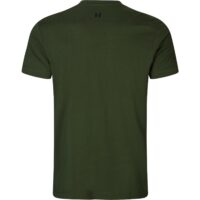haerkila-unisex-logo-t-shirt. Das Härkila Unisex Logo T-Shirt in den Farben Anthrazit und Dunkelgrün hat den Härkila Schriftzug auf der Brust und Kontraststreifen mit Härkila-Emblem im Nacken. Bild auf weißem Hintergrund.