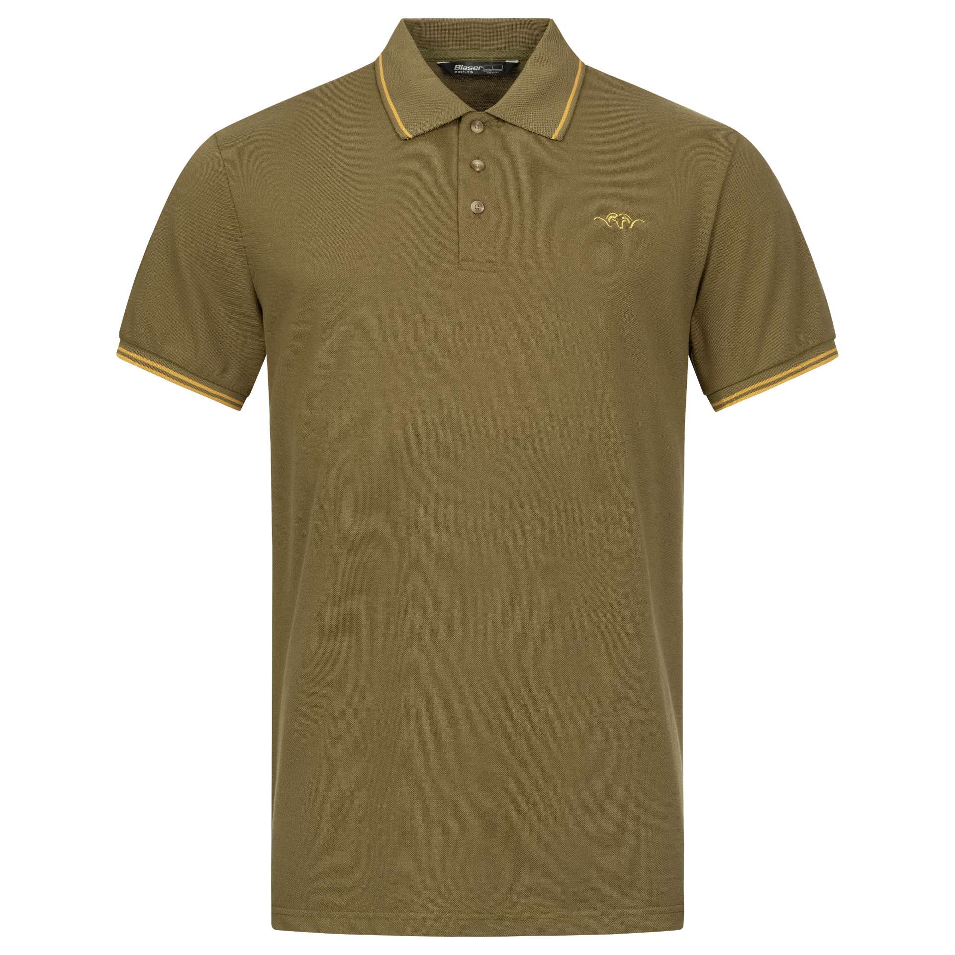 blaser-herren-poloshirt-22-oliv Das Blaser Herren Poloshirt aus Baumwoll-Pikee ist pflegeleicht und atmungsaktiv. Das Shirt ist in drei Farben erhältlich und verfügt über Kontraststreifen und Logo-Stickerei. Bild auf weißem Hintergrund.