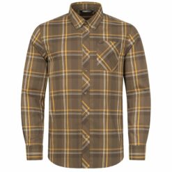 Das Blaser Herren Stretch Hemd Harald in der Farbe braun kariert verfügt über einen funktionalen Baumwollstoff und ein klassisches Karomuster mit Button-Down-Kragen. Bild auf weißem Hintergrund.