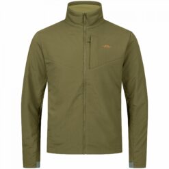 ie Blaser Herren Stretch Jagdjacke Alpha in dunkeloliv aus geräuscharmen und sehr leichtem POLARTEC Stretch Material. Atmungsaktiv, wasser- und winddicht mit vielseitigen Taschen. Bild auf weißem Hintergrund.