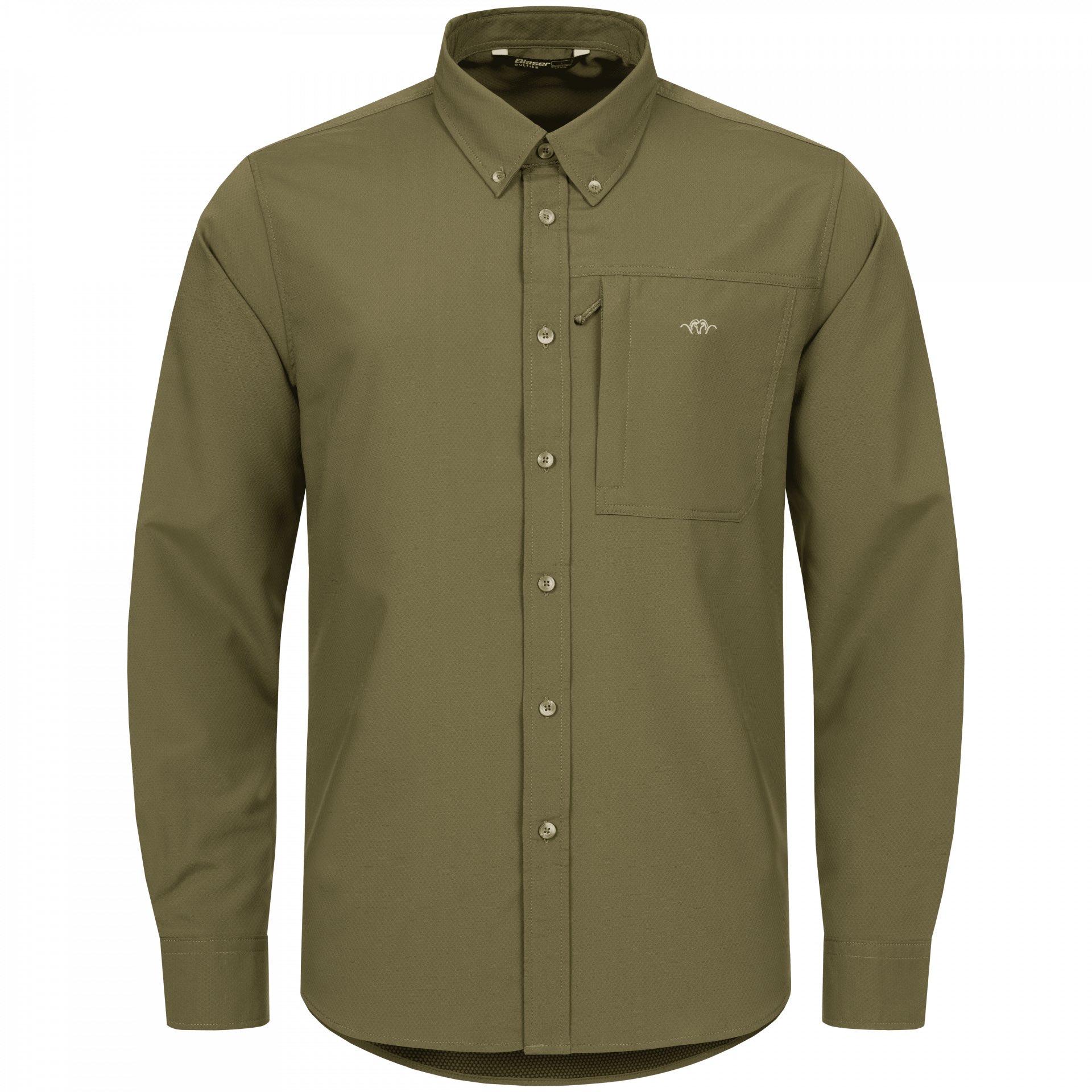 Das Blaser Herren Jagdhemd AirFlow in dunklen oliv verfügt ist schnelltrocknend und hoch atmungsaktiv durch den doppelt gewebten Stoff. Button-Down-Kragen und Brusttasche mit Argali-Logo. Bild auf weißem Hintergrund.