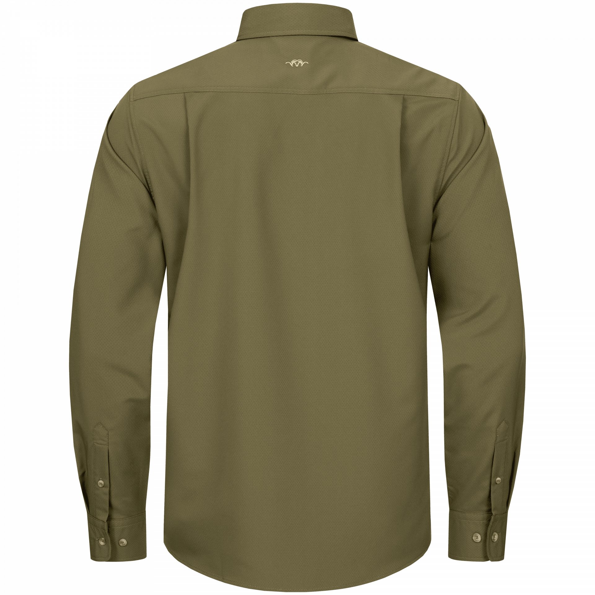 Das Blaser Herren Jagdhemd AirFlow in dunklen oliv verfügt ist schnelltrocknend und hoch atmungsaktiv durch den doppelt gewebten Stoff. Button-Down-Kragen und Brusttasche mit Argali-Logo. Bild auf weißem Hintergrund.