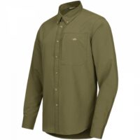 blaser-herrenhemd-airflow Das Blaser Herren Jagdhemd AirFlow in dunklen oliv verfügt ist schnelltrocknend und hoch atmungsaktiv durch den doppelt gewebten Stoff. Button-Down-Kragen und Brusttasche mit Argali-Logo. Bild auf weißem Hintergrund.