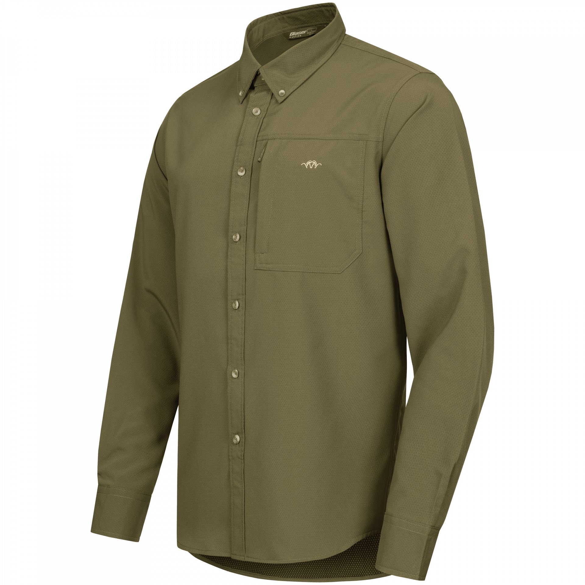 Das Blaser Herren Jagdhemd AirFlow in dunklen oliv verfügt ist schnelltrocknend und hoch atmungsaktiv durch den doppelt gewebten Stoff. Button-Down-Kragen und Brusttasche mit Argali-Logo. Bild auf weißem Hintergrund.