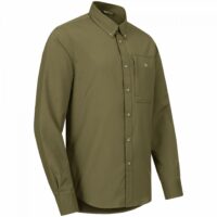 blaser-herrenhemd-airflow Das Blaser Herren Jagdhemd AirFlow in dunklen oliv verfügt ist schnelltrocknend und hoch atmungsaktiv durch den doppelt gewebten Stoff. Button-Down-Kragen und Brusttasche mit Argali-Logo. Bild auf weißem Hintergrund.