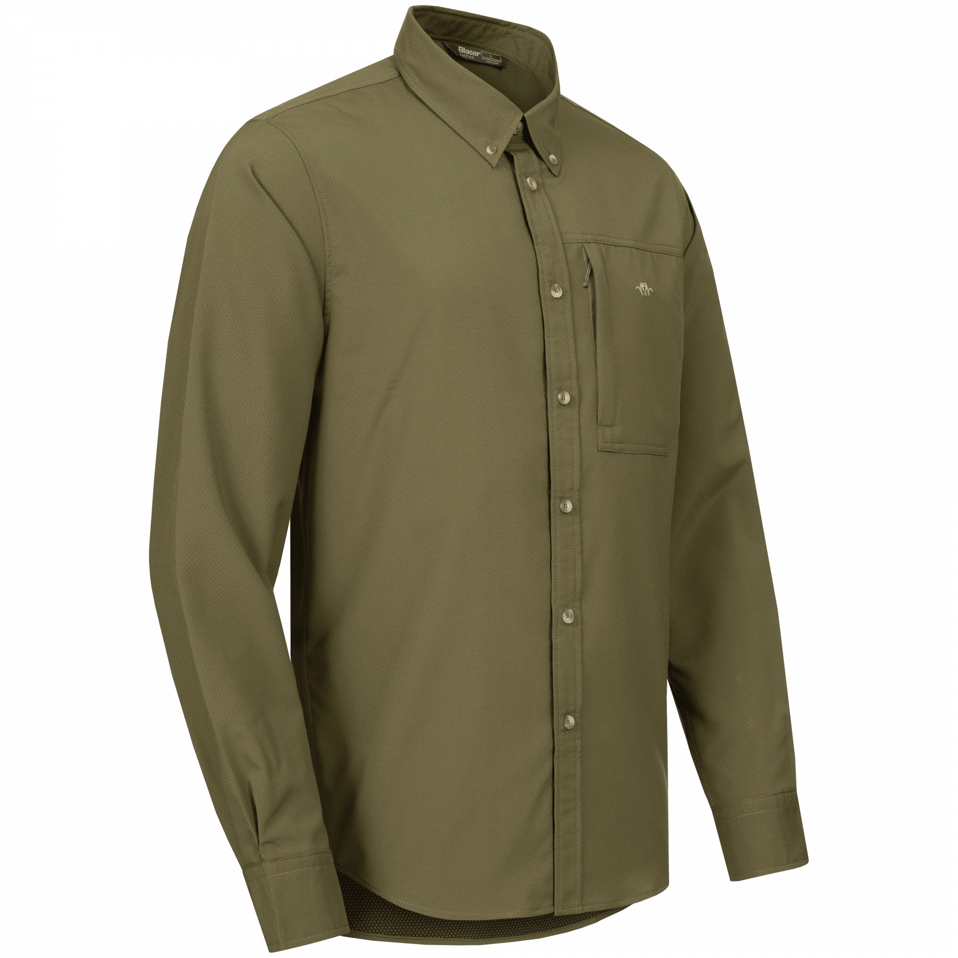 Das Blaser Herren Jagdhemd AirFlow in dunklen oliv verfügt ist schnelltrocknend und hoch atmungsaktiv durch den doppelt gewebten Stoff. Button-Down-Kragen und Brusttasche mit Argali-Logo. Bild auf weißem Hintergrund.