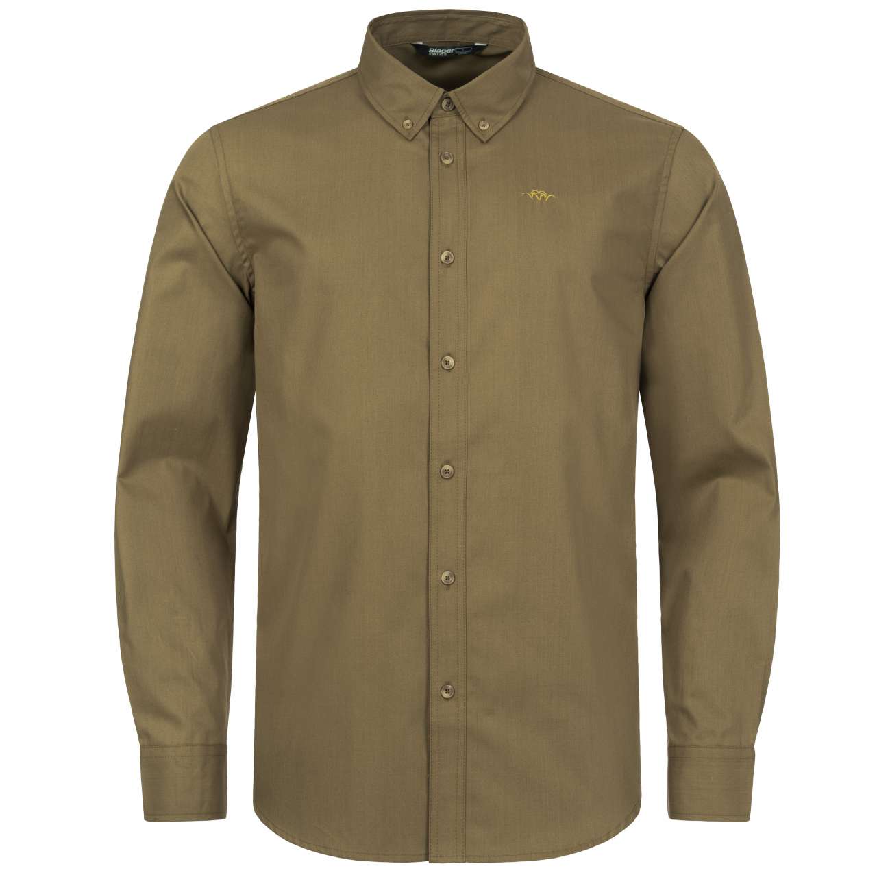 Das Blaser Herrenhemd Tristan in der Farbe Oliv mit Button-Down-Kragen und Argali Logo-Stick. Bild auf weißem Hintergrund.