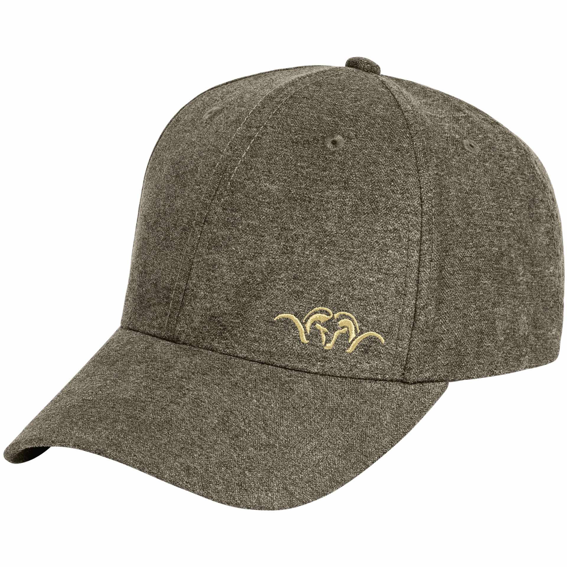 Die Blaser Unisex Cap Vintage 21 in der Farbe Olive Melange-Black besteht aus geräuscharmem Material mit Logo-Stickerei auf Vorder- und Rückseite. Bild auf weißem Hintergrund.