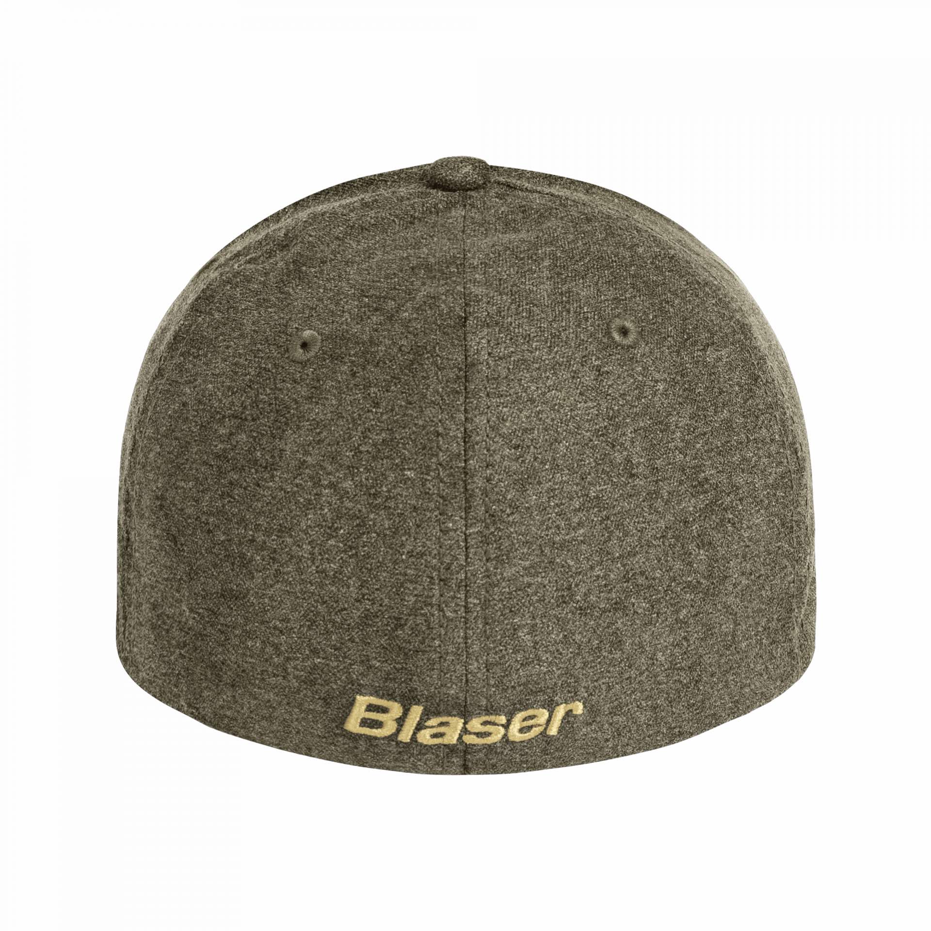 Die Blaser Unisex Cap Vintage 21 in der Farbe Olive Melange-Black besteht aus geräuscharmem Material mit Logo-Stickerei auf Vorder- und Rückseite. Bild auf weißem Hintergrund.