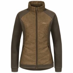 Die Blaser Damen Fleecejacke Kora in Dunkelbraun mit gesteppter Front und Argali-Logo auf der Inken Brust und hohem Kragen. Bild auf weißem Hintergrund.