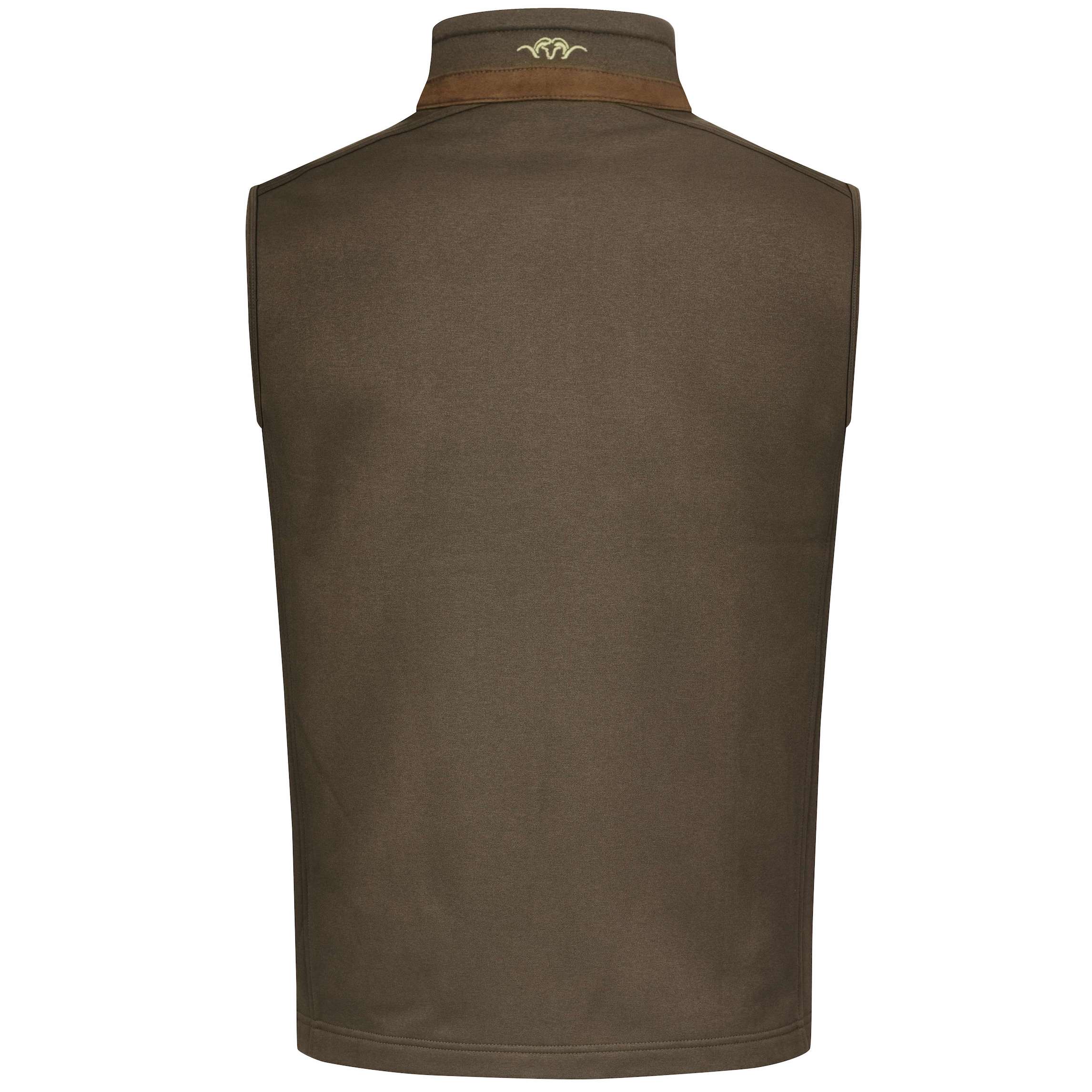 Die Blaser Fleeceweste Kylar in derFarbe Braun hat ein weiches Fleece-Innenfutter und Suede-Details an Reißverrschlüssen und im Nacken. Bild auf weißem Hintergrund.
