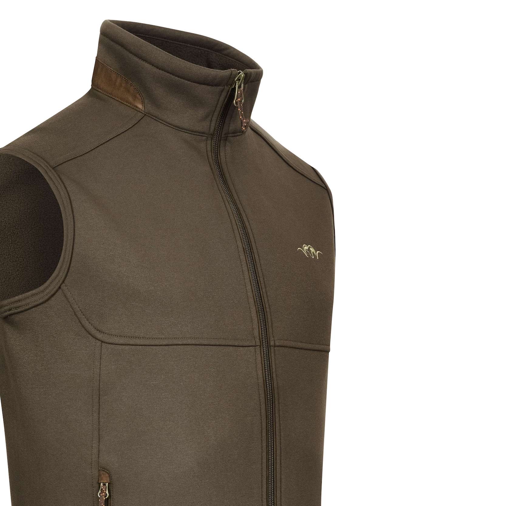 Die Blaser Fleeceweste Kylar in derFarbe Braun hat ein weiches Fleece-Innenfutter und Suede-Details an Reißverrschlüssen und im Nacken. Bild auf weißem Hintergrund.