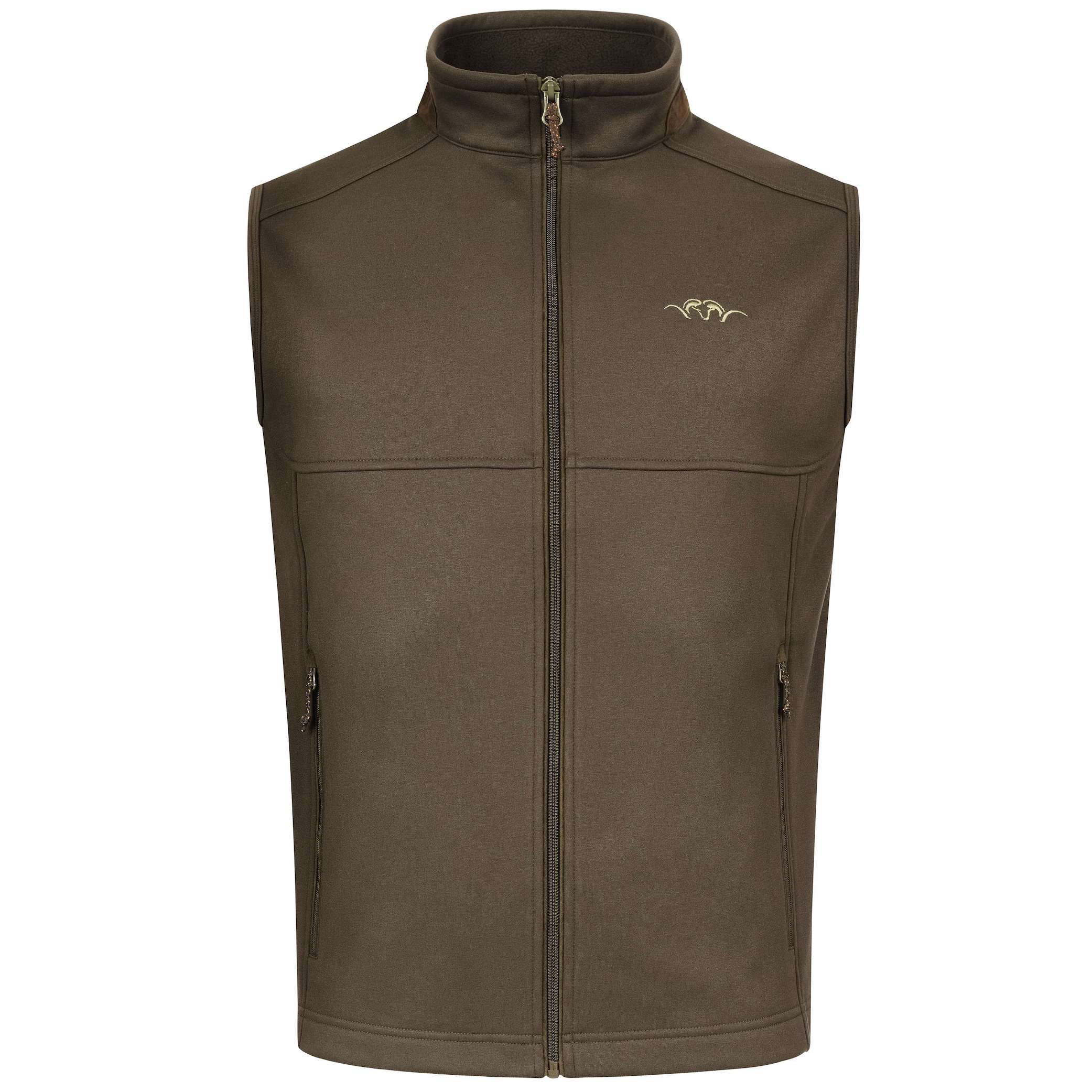 Die Blaser Fleeceweste Kylar in derFarbe Braun hat ein weiches Fleece-Innenfutter und Suede-Details an Reißverrschlüssen und im Nacken. Bild auf weißem Hintergrund.