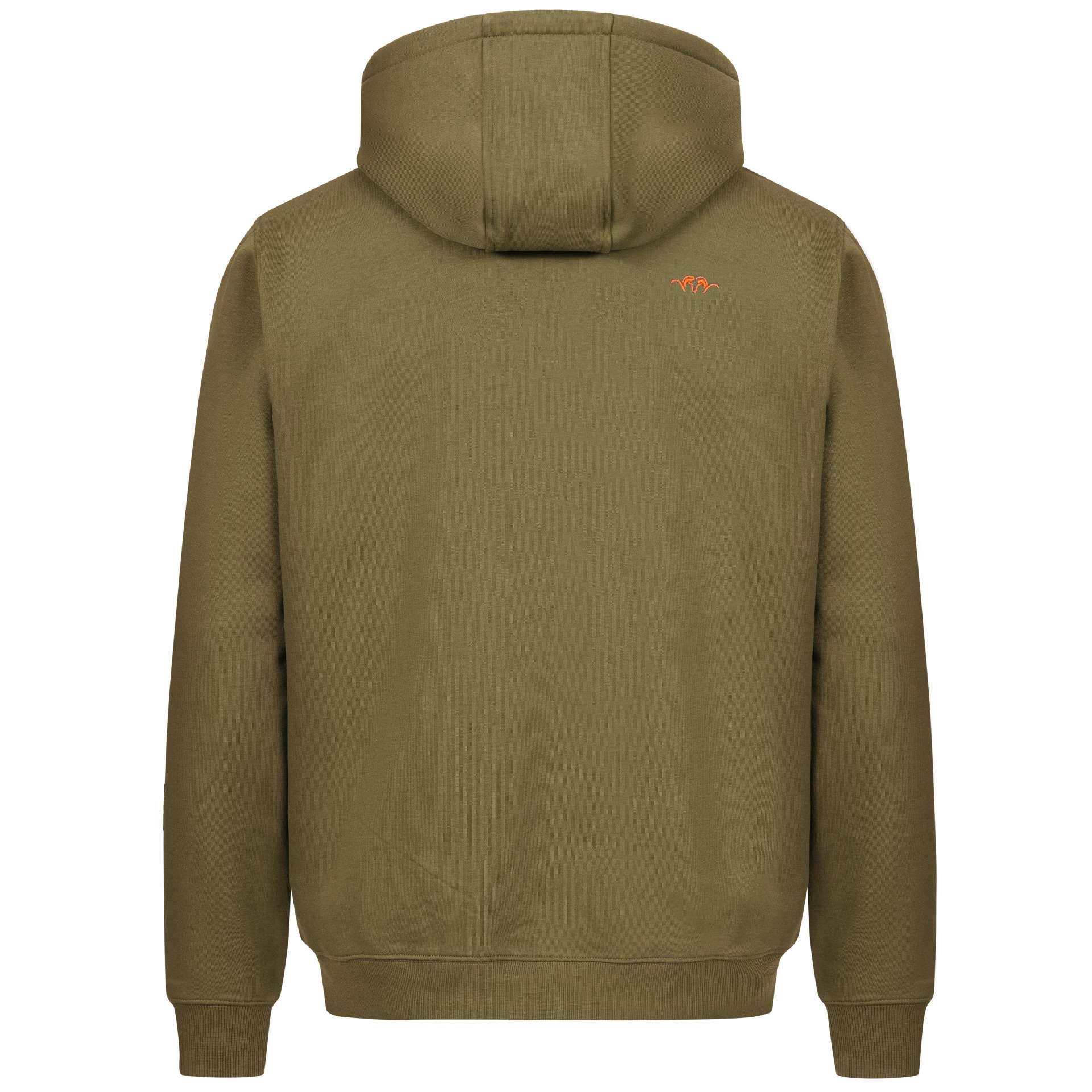 blaser-herren-hoodie-23. Der Blaser Herren Hoodie 23 in der Farbe Olive mit Argali-Logo in Orange und Kapuze in Orange. Hoher Baumwollanteil, weicher Stoff. Bild auf weißem Hintergrund.
