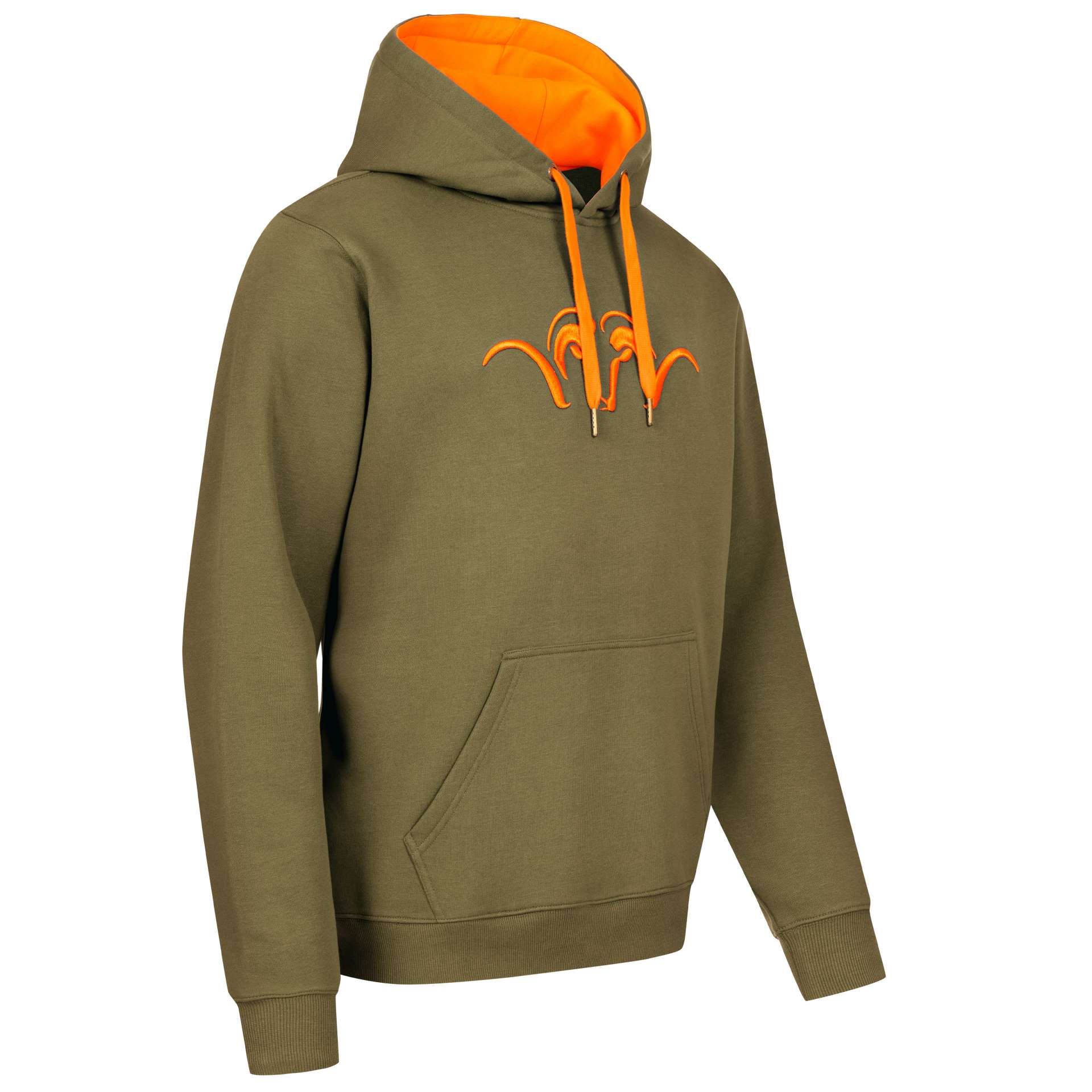 blaser-herren-hoodie-23.. Der Blaser Herren Hoodie 23 in der Farbe Olive mit Argali-Logo in Orange und Kapuze in Orange. Hoher Baumwollanteil, weicher Stoff. Bild auf weißem Hintergrund.