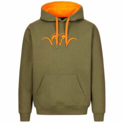 Der Blaser Herren Hoodie 23 in der Farbe Olive mit Argali-Logo in Orange und Kapuze in Orange. Hoher Baumwollanteil, weicher Stoff. Bild auf weißem Hintergrund.