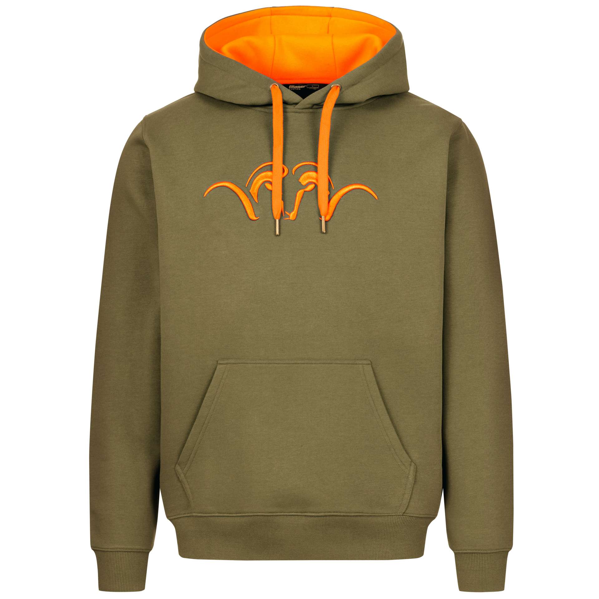 blaser-herren-hoodie-23 Der Blaser Herren Hoodie 23 in der Farbe Olive mit Argali-Logo in Orange und Kapuze in Orange. Hoher Baumwollanteil, weicher Stoff. Bild auf weißem Hintergrund.
