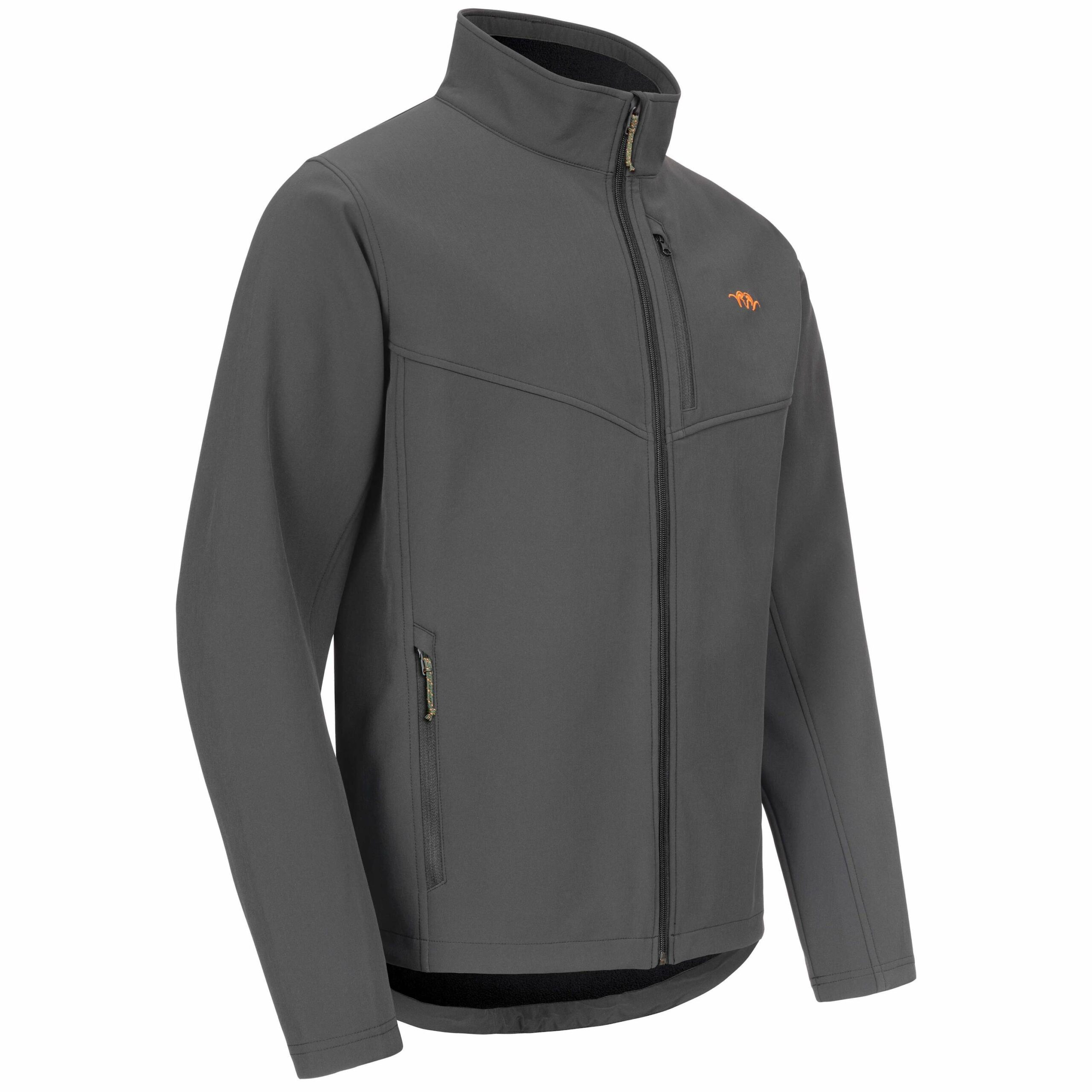 blaser-herren-softshelljacke-23 Die Blaser Herren Softshelljacke 23 in der Farbe anthrazit mit Argali-Logo in Orange. Wasser-und winddicht, wärmend. Fleece-Innenfutter. Bild auf weißem Hintergrund.