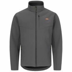 Die Blaser Herren Softshelljacke 23 in der Farbe anthrazit mit Argali-Logo in Orange. Wasser-und winddicht, wärmend. Fleece-Innenfutter. Bild auf weißem Hintergrund.
